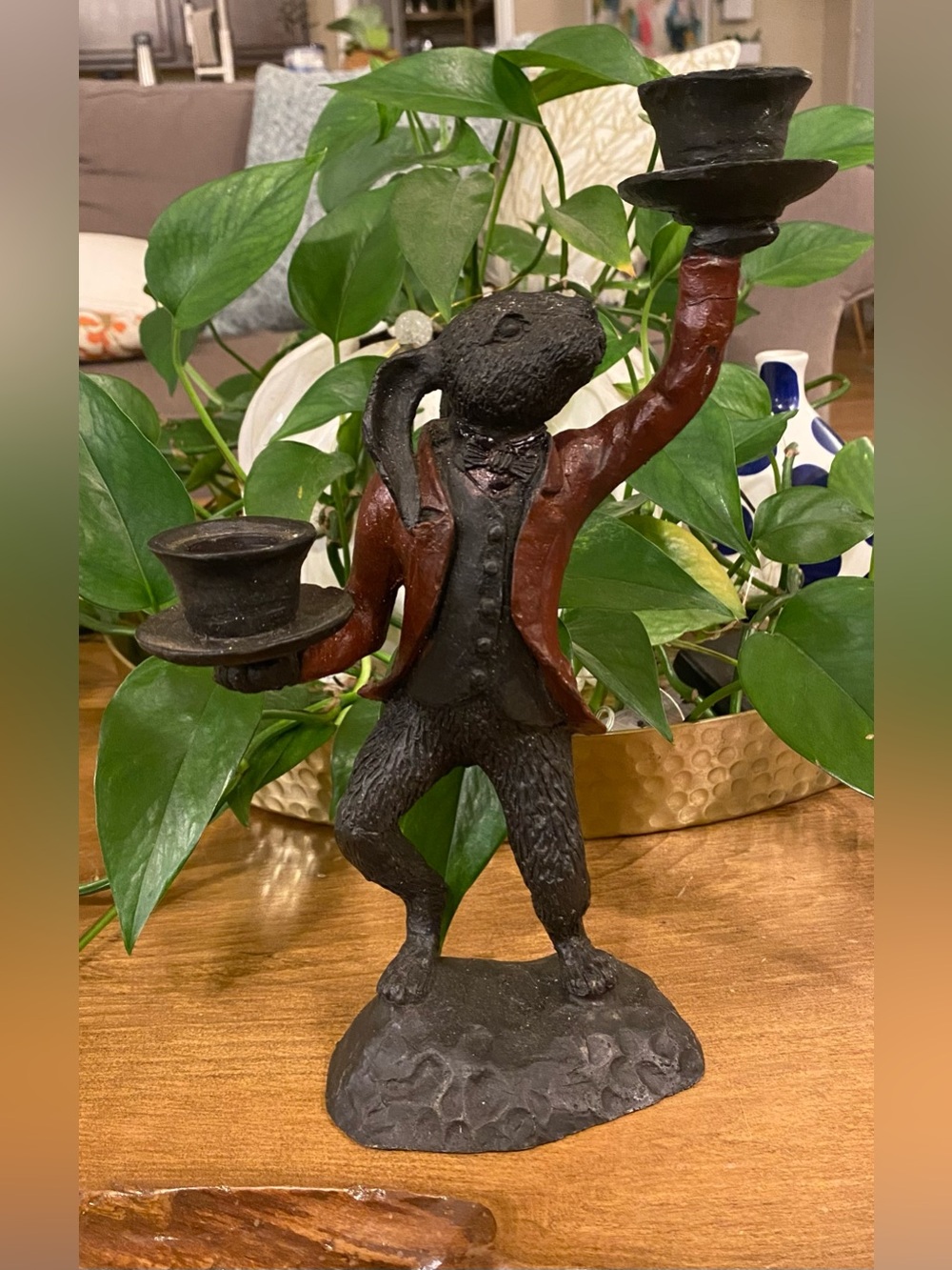 Vtg Cast Iron Rabbit Butler 2 Candle Holder Anthropomorphic Bunny Candelabra